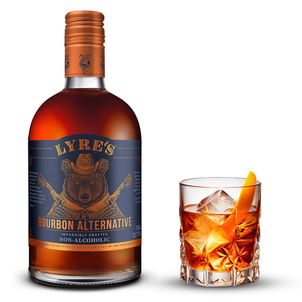 Lyre's American Malt bottle front showcases zero-proof bourbon flavor for cocktails.
