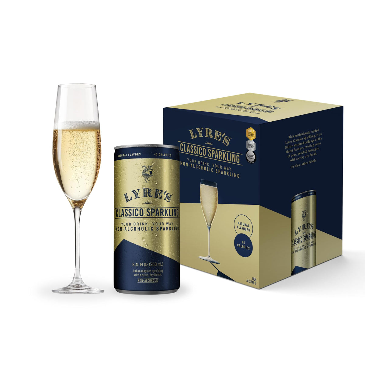 Lyre’s Classico 4-pack cans with sparkling bubbles for a zero-proof celebration.