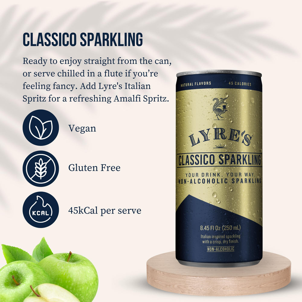 Lyre’s Classico glass and can, showcasing a dry, refreshing prosecco-inspired flavor.