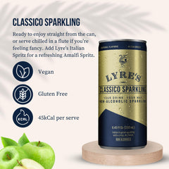 Lyre’s Classico glass and can, showcasing a dry, refreshing prosecco-inspired flavor.