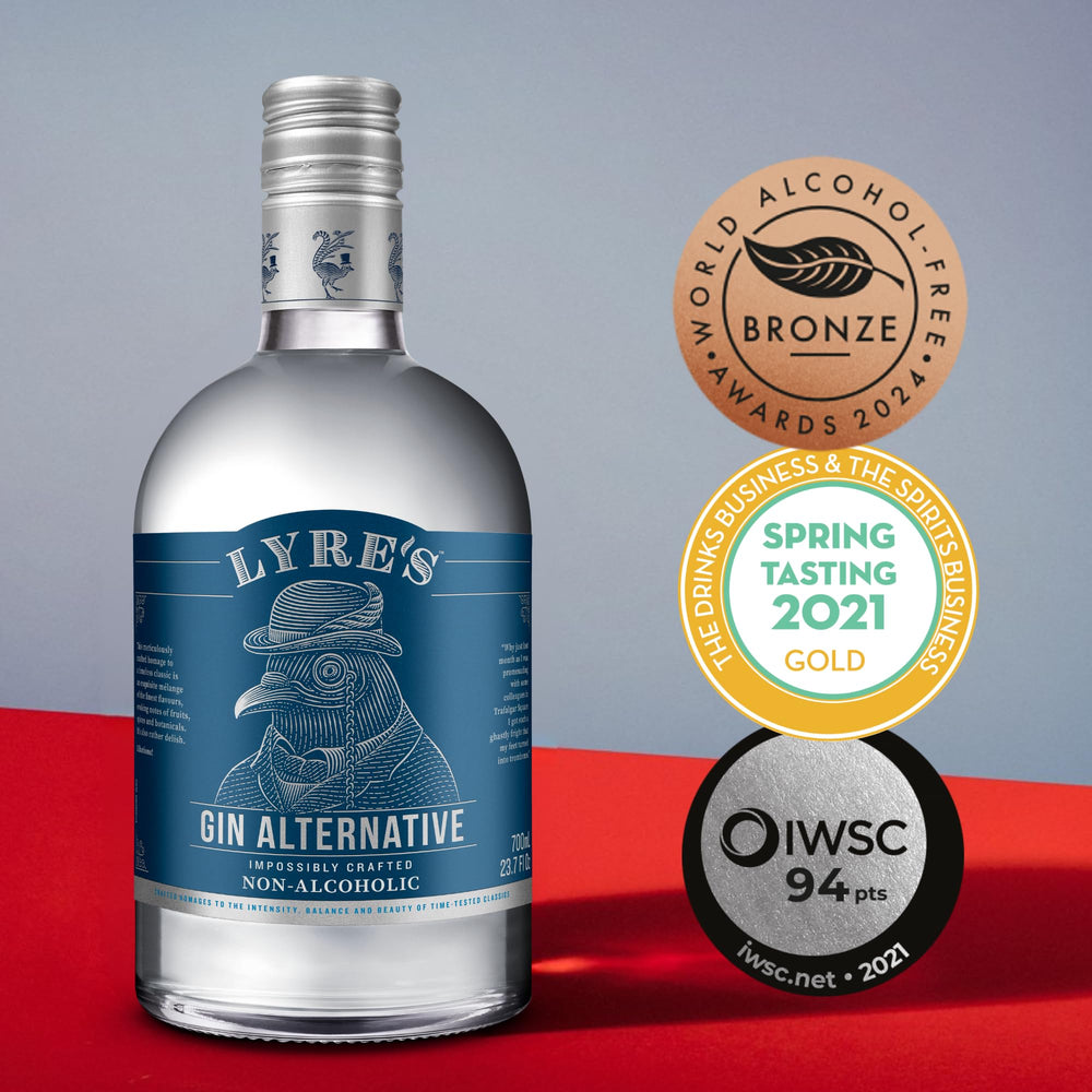 Lyre's Gin Alternative bottle on shelf with elegant packaging for gifting.