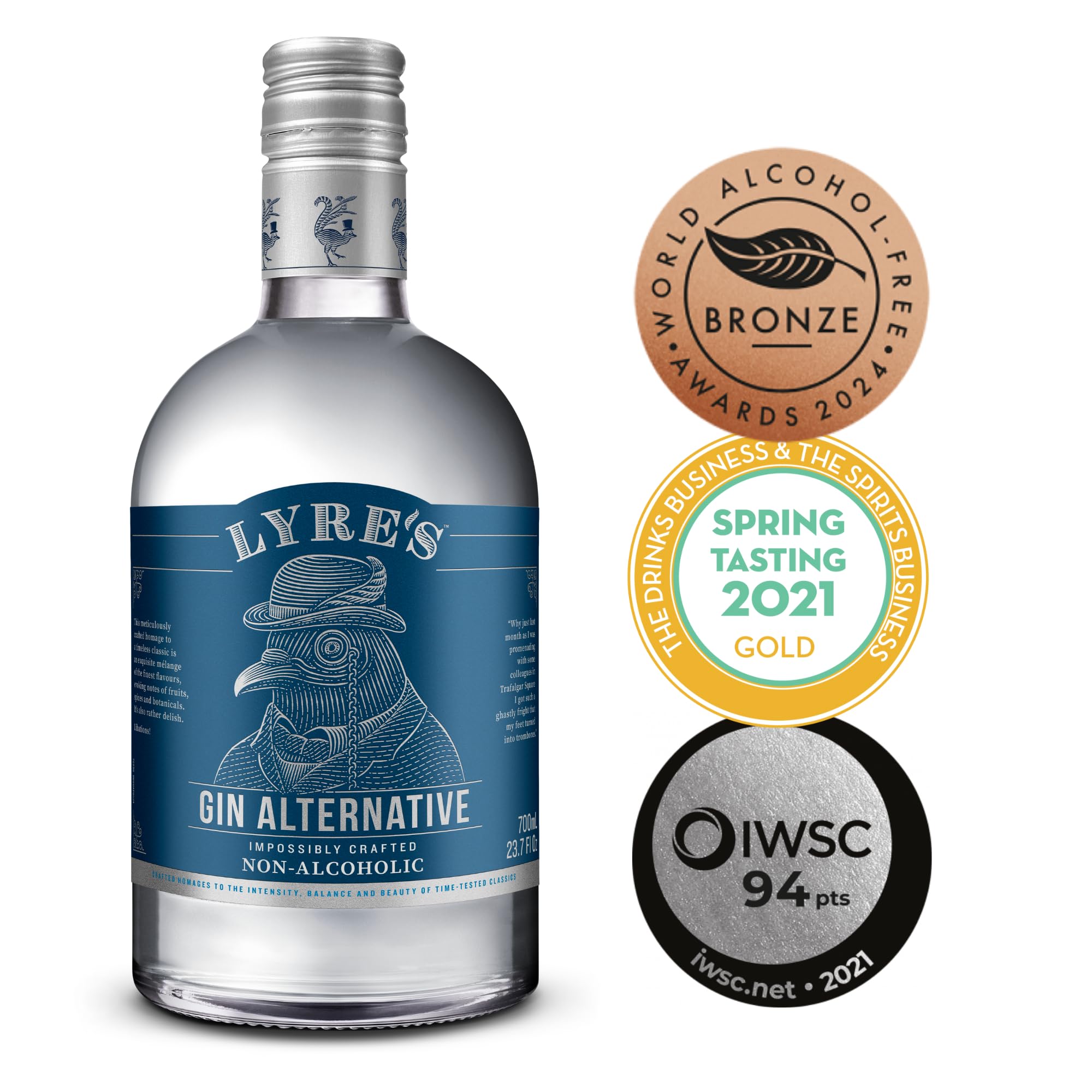 Lyre's Gin Alternative label close-up, showcasing premium non-alcoholic London dry flavor.