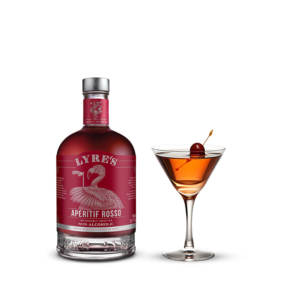 Lyre's Vermouth Rosso bottle shown, a non-alcoholic option for classic cocktails.