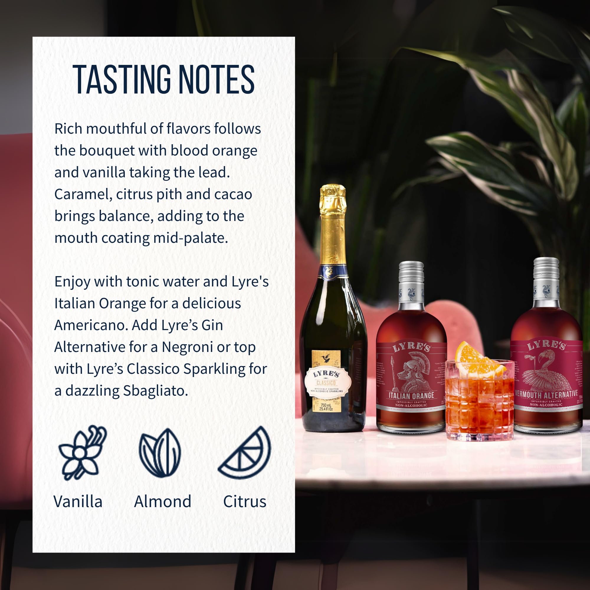 Lyre's Vermouth Rosso bottle paired with a Negroni setup for a non-alcoholic take.
