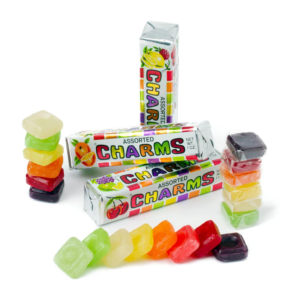 Shop-ready Charms Fruit Squares display with freshness seal