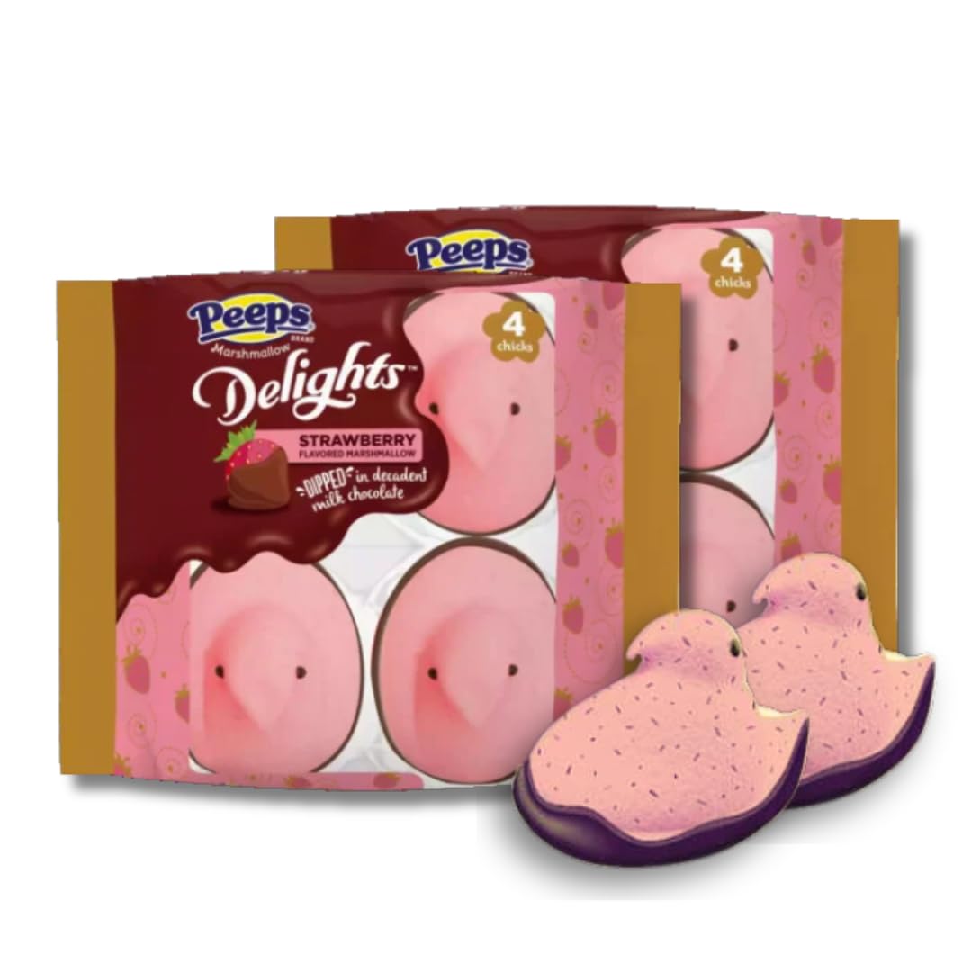 LYZA'S SWEETS & TREATS Peeps Delights strawberry chicks in milk chocolate, two-pack presentation for gifting.
