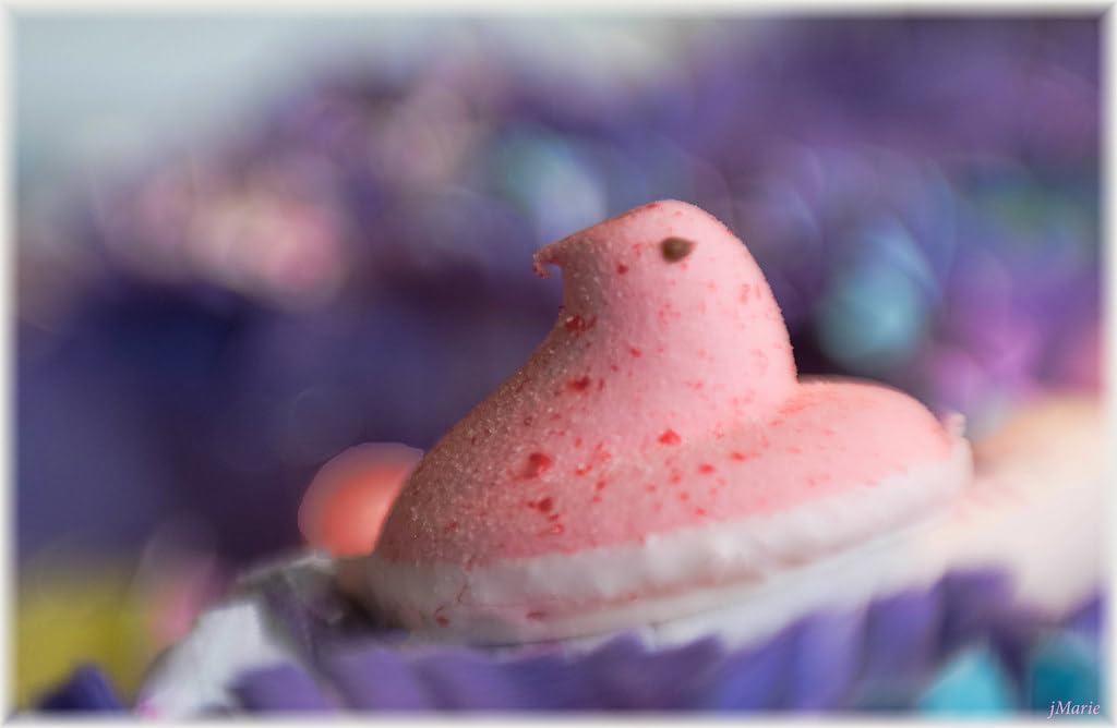 Treat table idea featuring LYZA'S Peeps Delights strawberry chicks in chocolate.