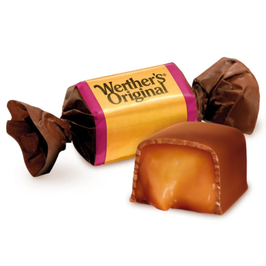 Werther's Original chocolate-covered caramels close-up, smooth milk chocolate coating and creamy caramel