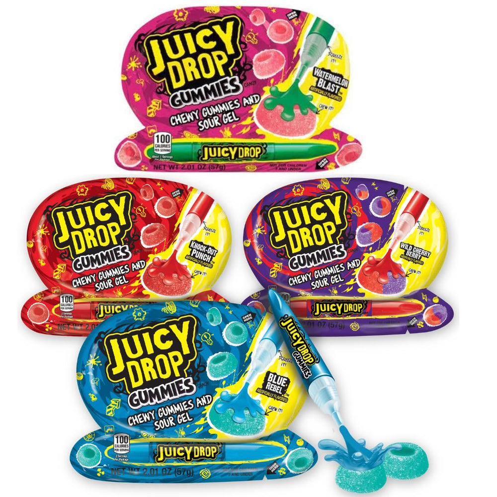 Lyza's Juicy Drop Gummies gift pack front view showing customizable sour gel.