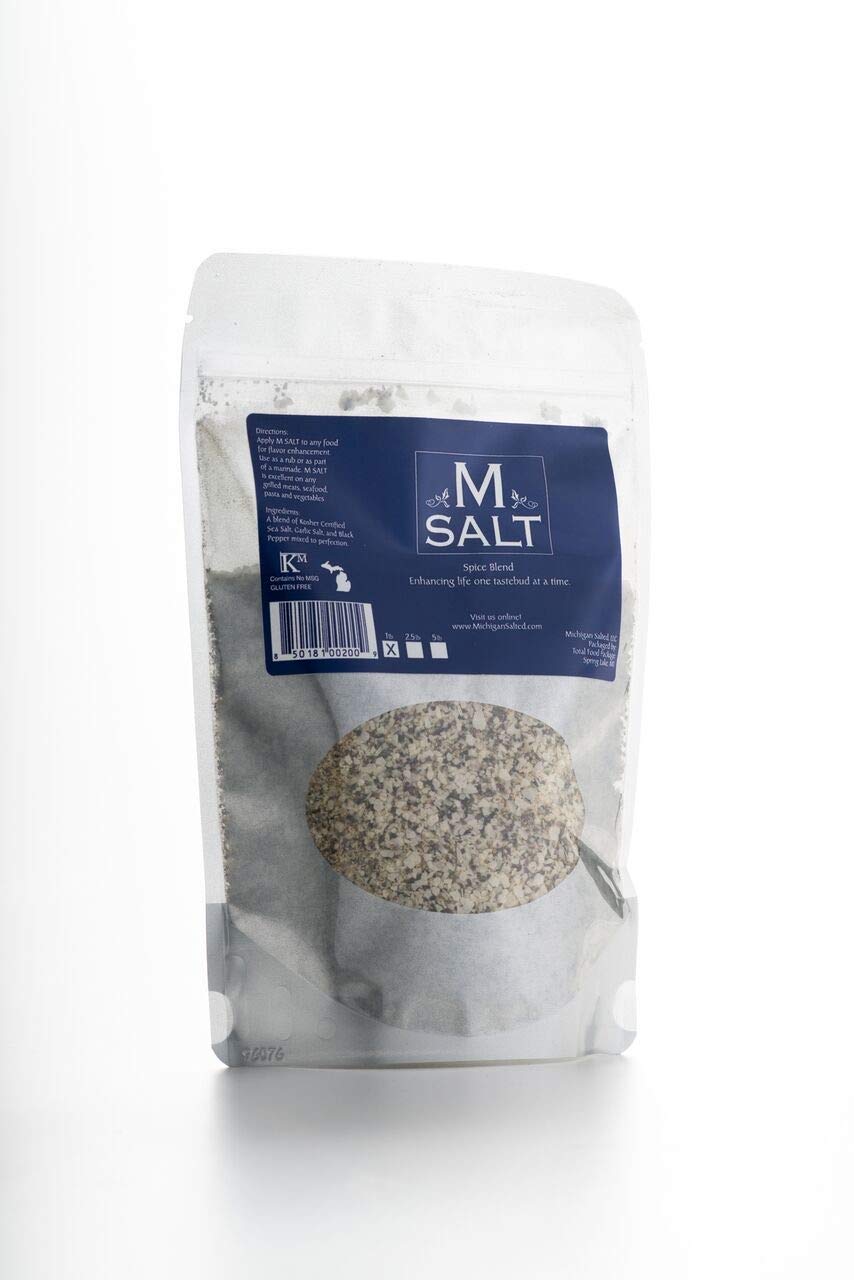 M SALT Michigan salted bulk bag shows resealable packaging for grilling and seasoning.