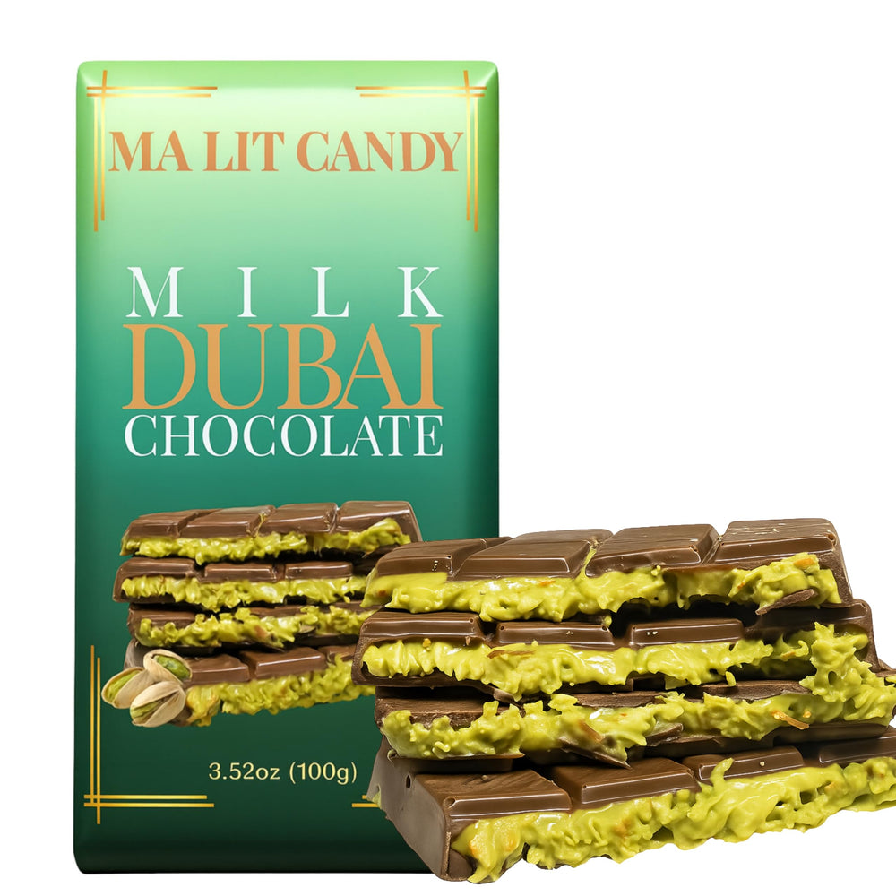 Ma Lit Candy Dubai chocolate bar wrapper close-up, premium gift-ready packaging.