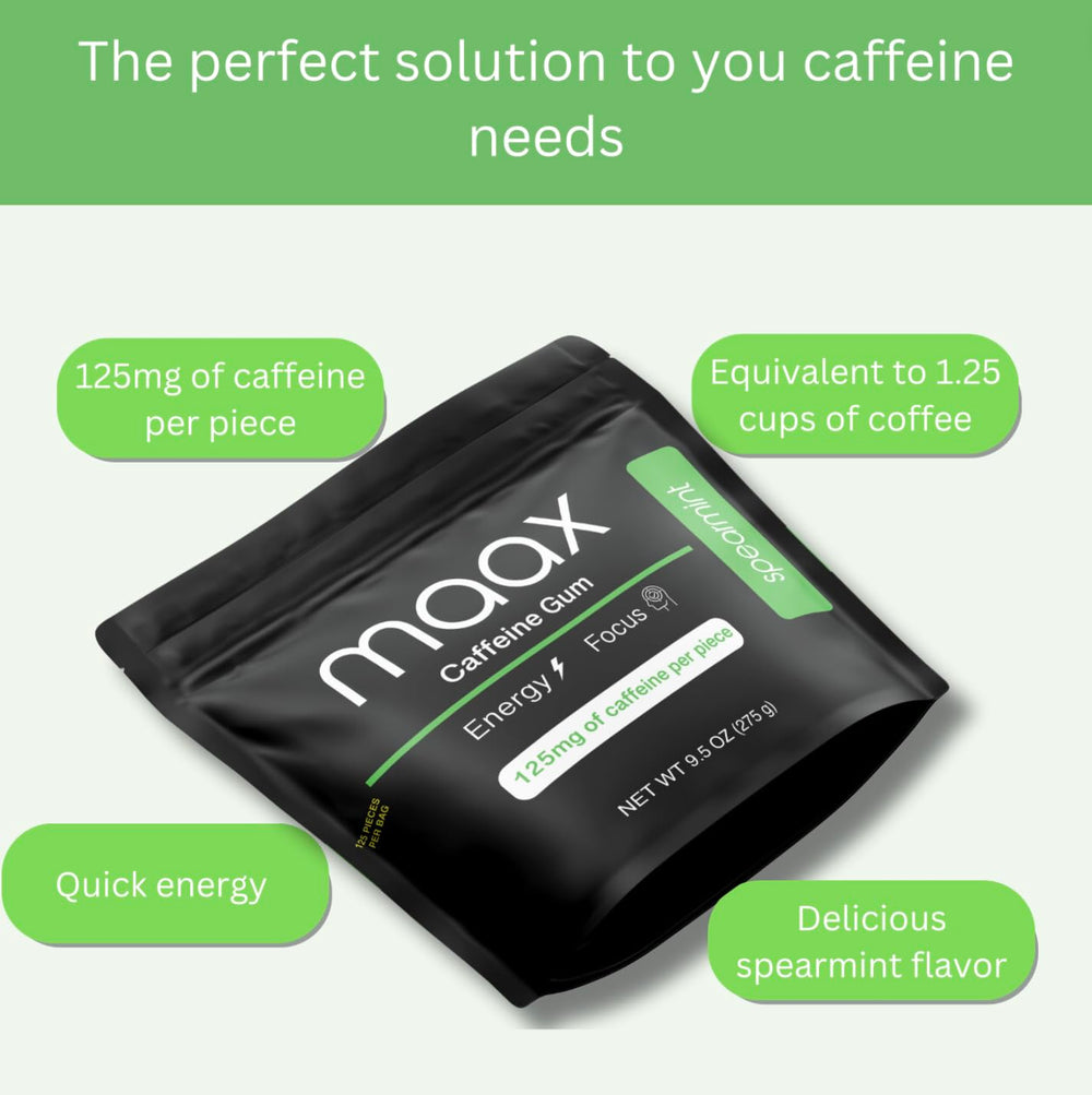 Maax packaging label shows 125mg per piece for energy.