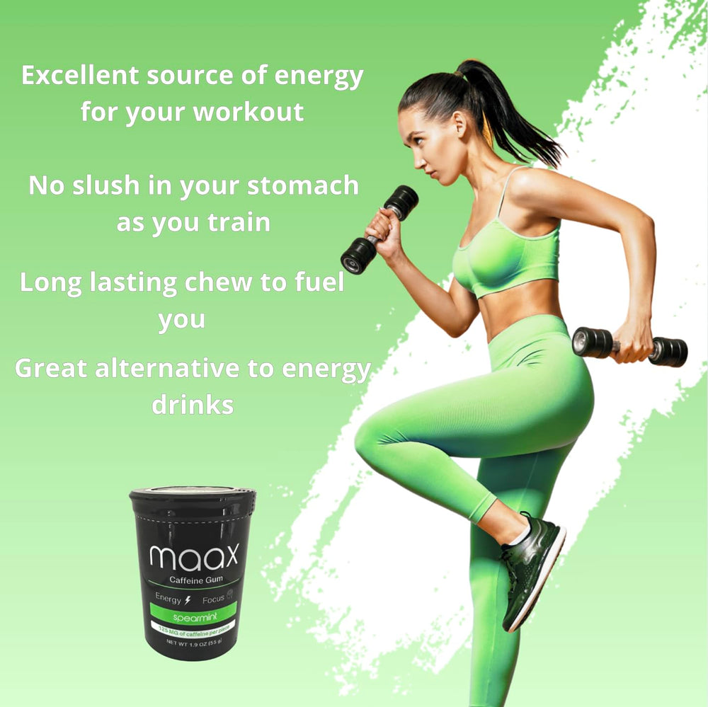 Maax Caffeine Energy Gum chew-detail highlights quick absorption and mint aroma.