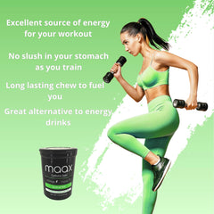 Maax Caffeine Energy Gum chew-detail highlights quick absorption and mint aroma.