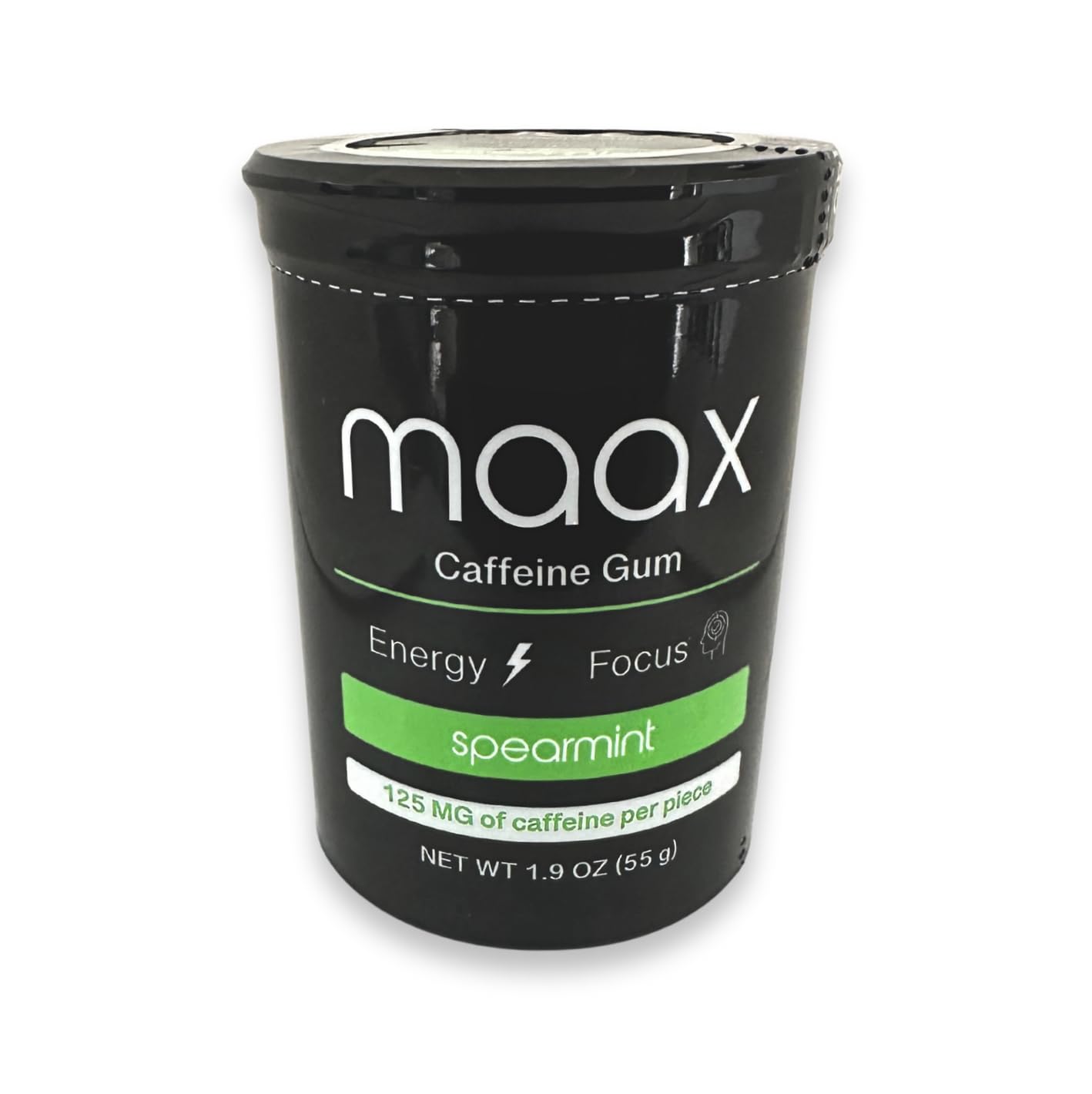 Maax Caffeine Energy Gum pack shot shows 125 mg caffeine for quick focus.