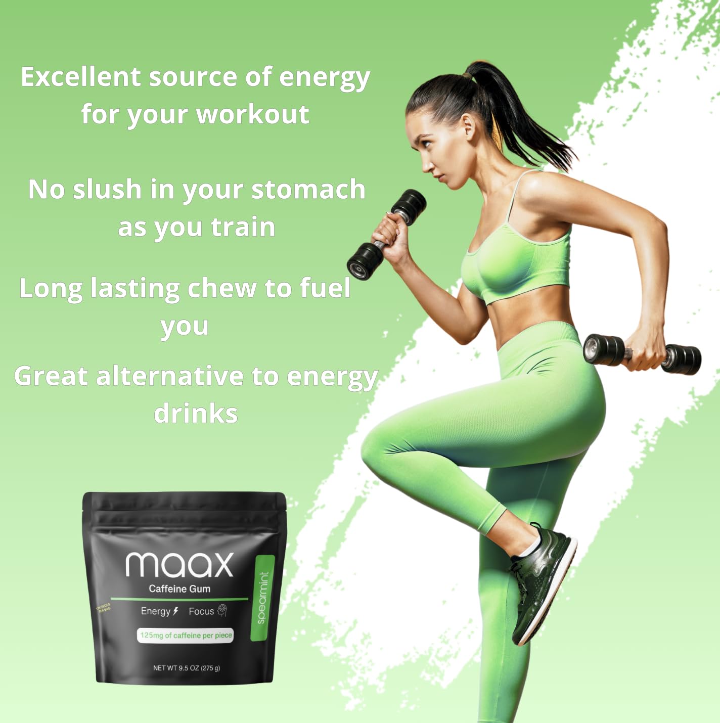 Texture close-up highlights smooth, long-lasting chew with 125mg caffeine.
