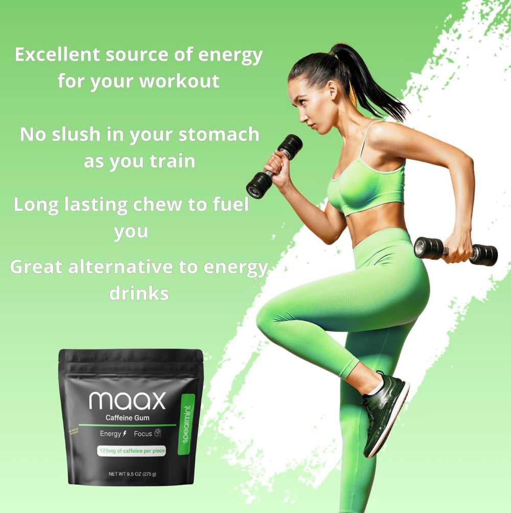 Texture close-up highlights smooth, long-lasting chew with 125mg caffeine.