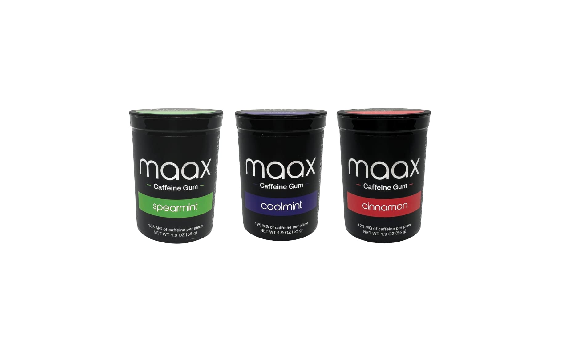 Maax Caffeine Gum Cool Mint bottle with 125 mg per piece for focus