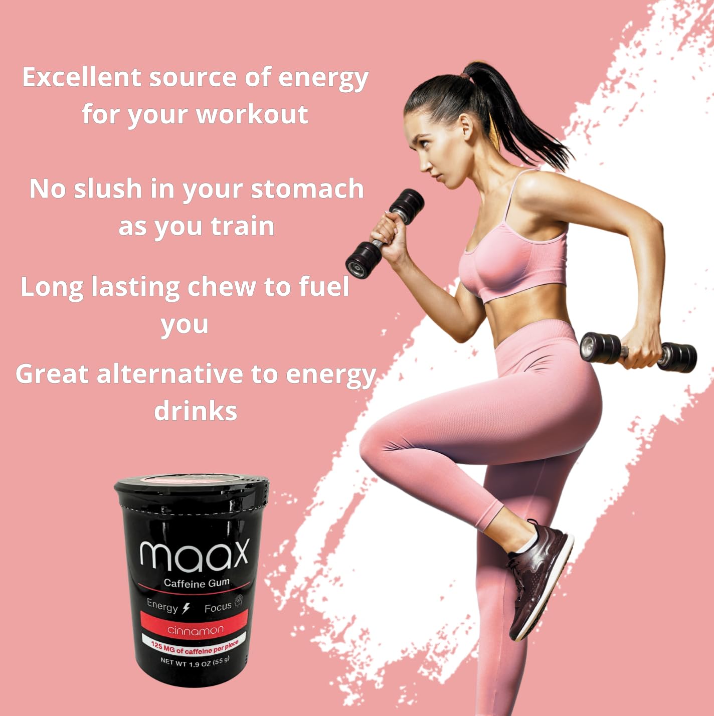 Maax Caffeine Gum packaging label highlighting caffeine content