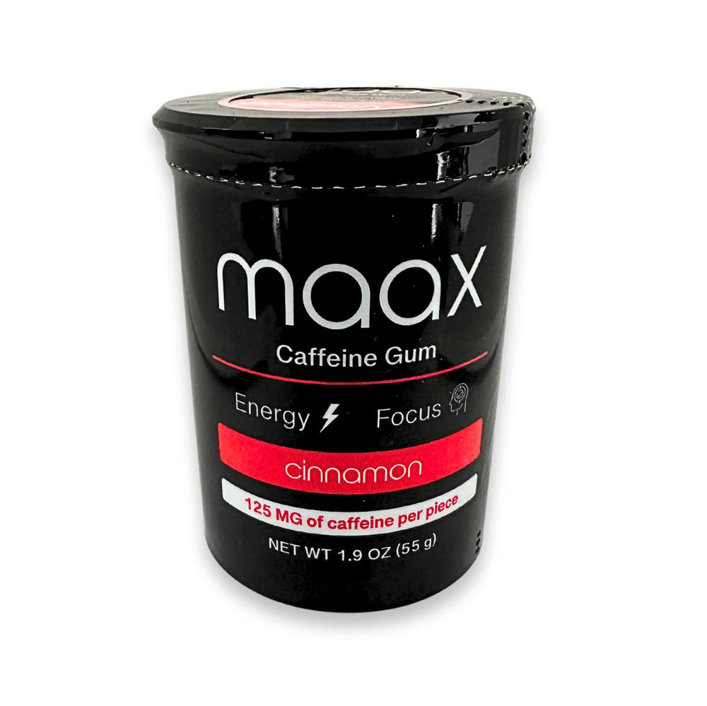 Maax Caffeine Gum piece close-up, cinnamon aroma and texture