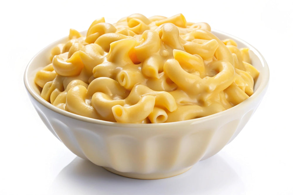Mac Yourself cheddar cheese powder jar stored as a pantry staple for meals.