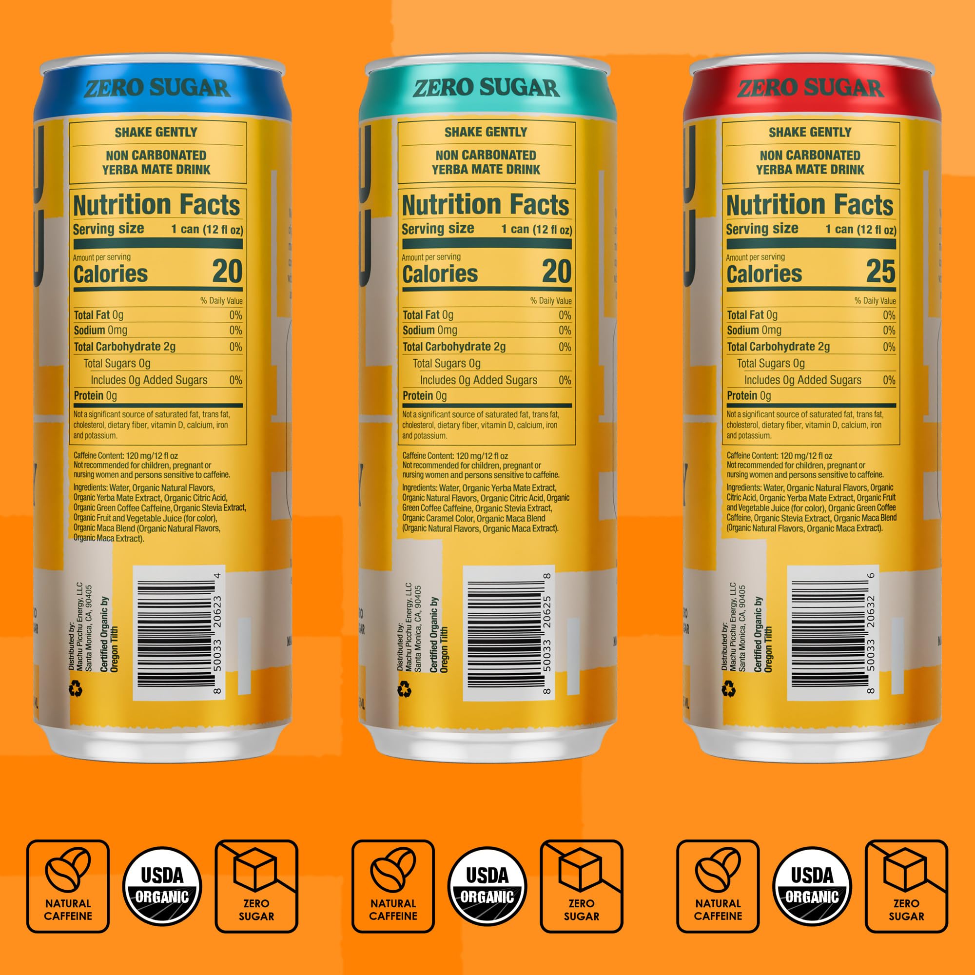 MACHU PICCHU ingredients close-up highlighting organic yerba mate and natural sweeteners