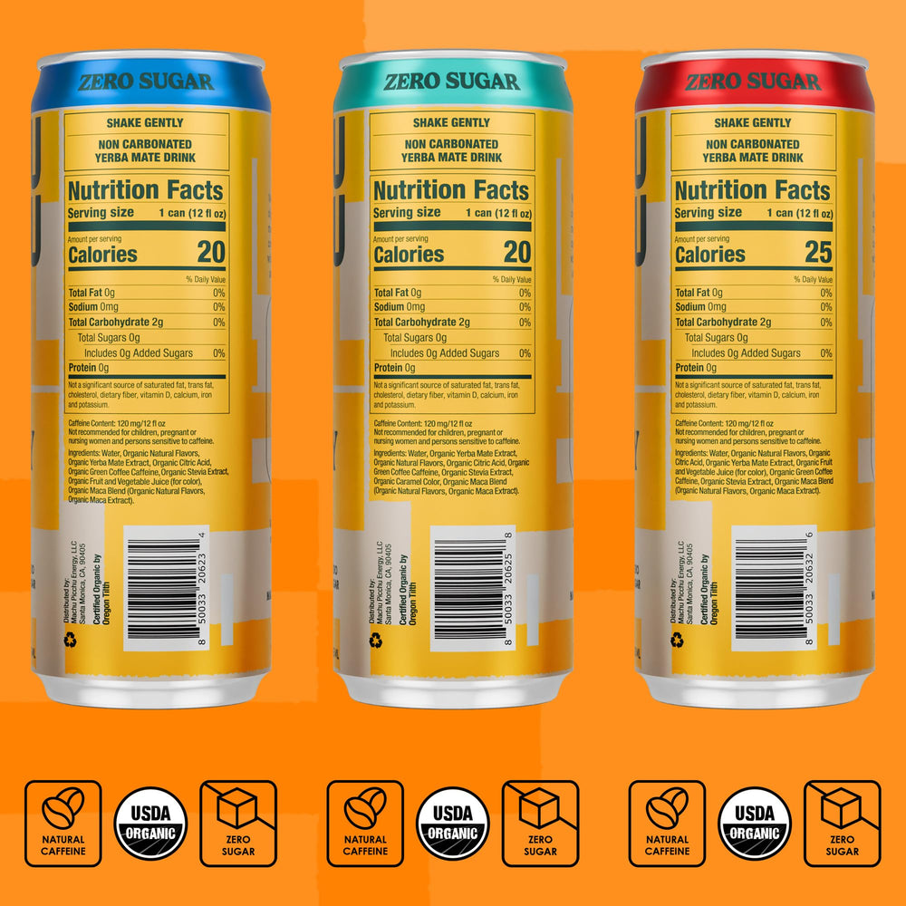 MACHU PICCHU ingredients close-up highlighting organic yerba mate and natural sweeteners
