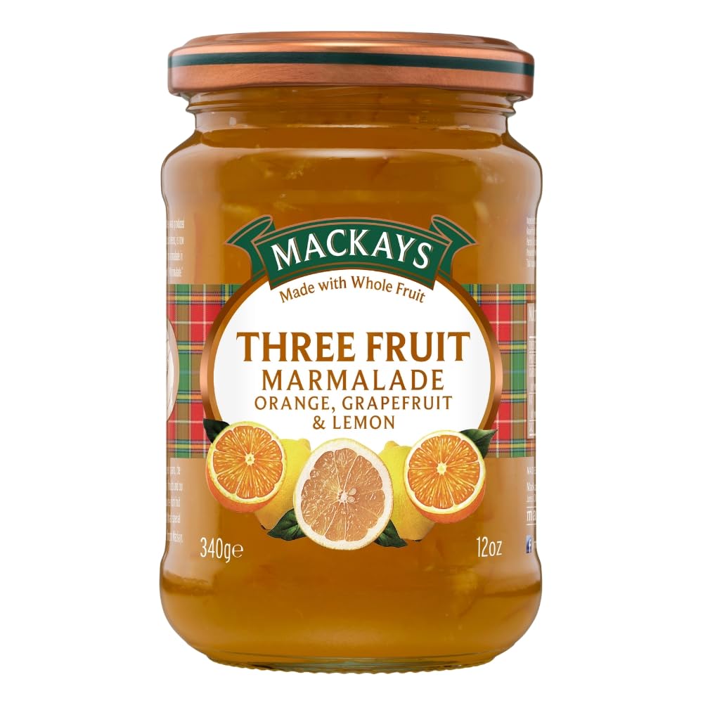 Mackays Marmalade 3 Fruit bottle close-up with vibrant citrus glaze for toast