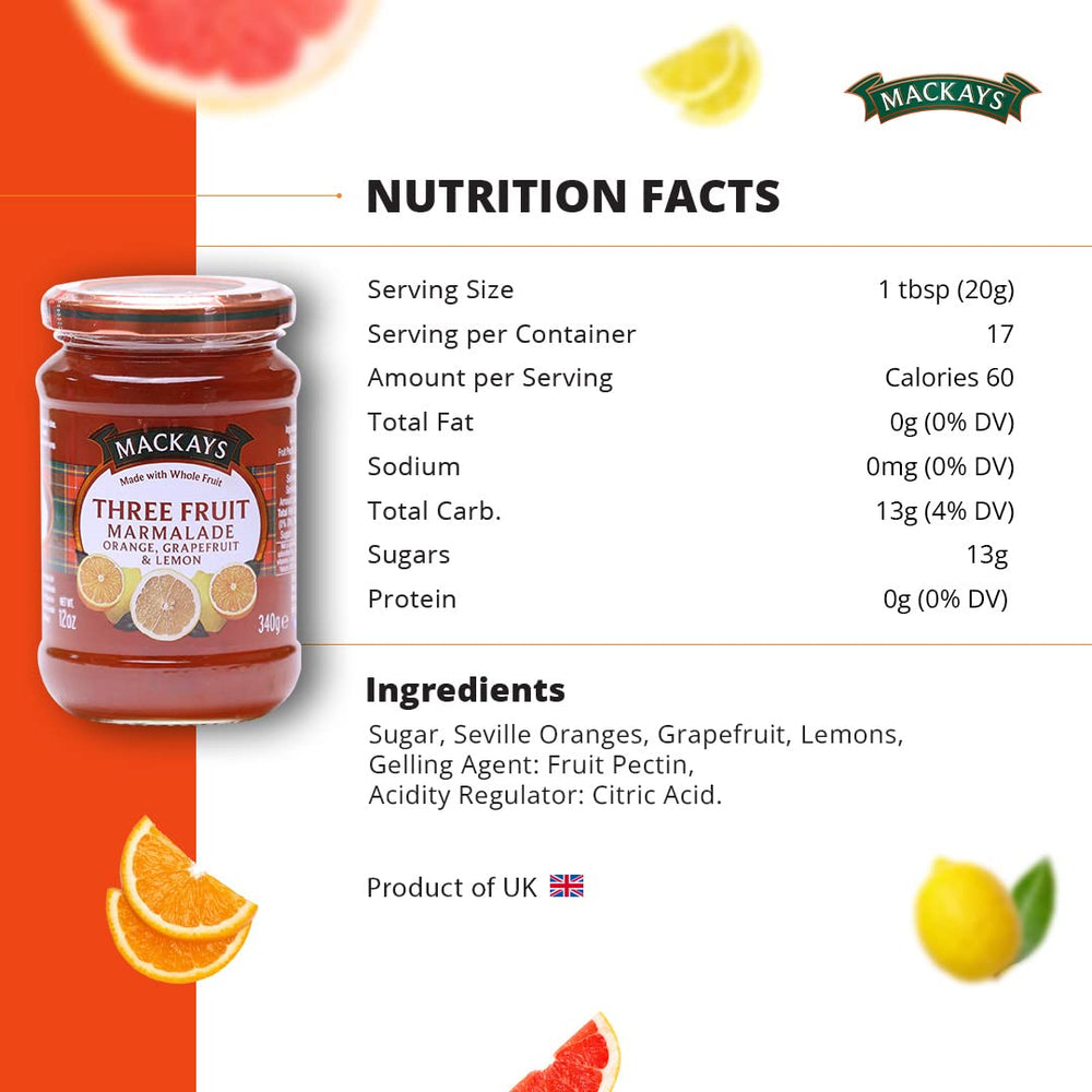 Mackays Marmalade 3 Fruit ingredients illustration including orange grapefruit lemon