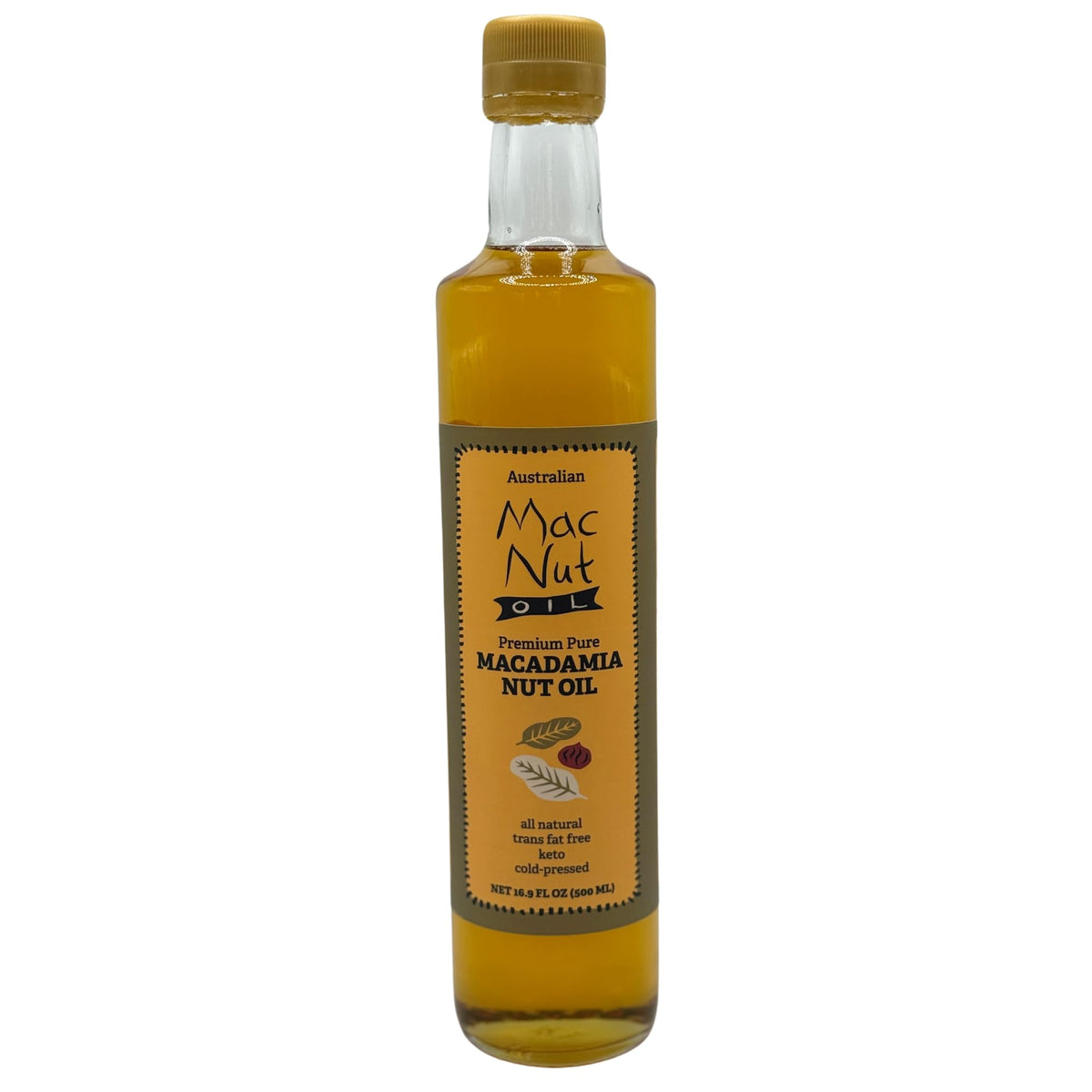 Mac Nut Oil glass bottle with pure Australian macadamia oil, versatile for cooking