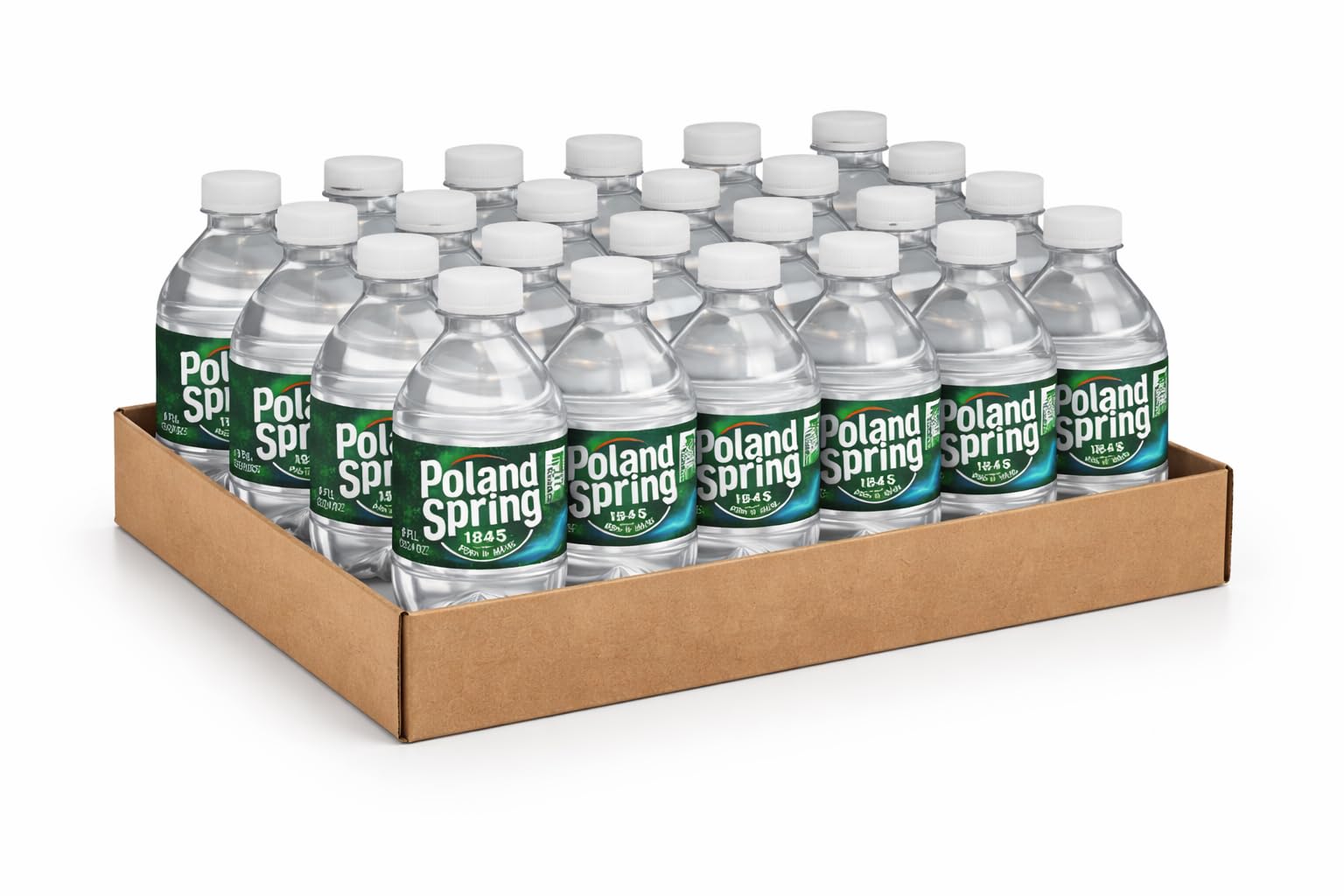 Poland Spring 8 oz bottles displayed on store shelf for quick picks.