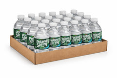 Poland Spring 8 oz bottles displayed on store shelf for quick picks.