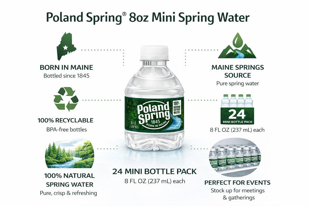 Close-up of Poland Spring 8 oz bottle highlighting compact size.