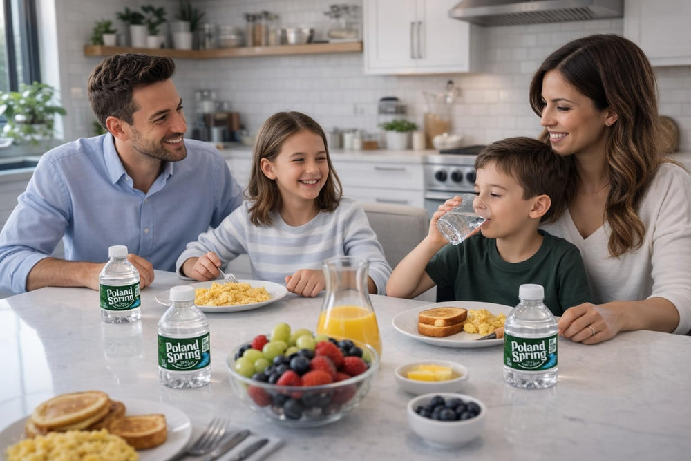 Chilled Poland Spring 8 oz bottle in a 24-pack ready to refresh after activity.