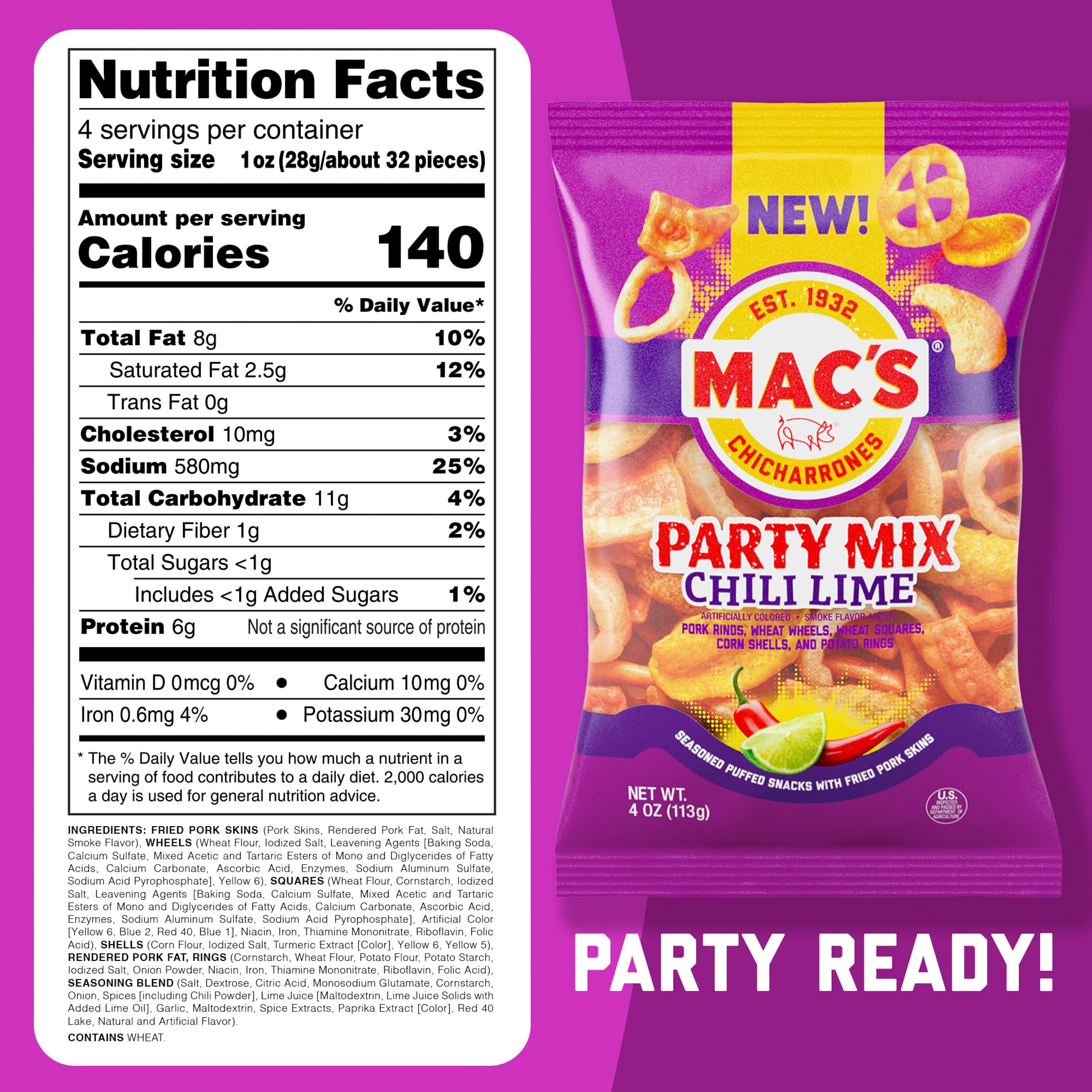 Nine 4-ounce bags of Mac's Chili Lime Pork Skins Party Mix for easy sharing