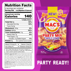 Nine 4-ounce bags of Mac's Chili Lime Pork Skins Party Mix for easy sharing