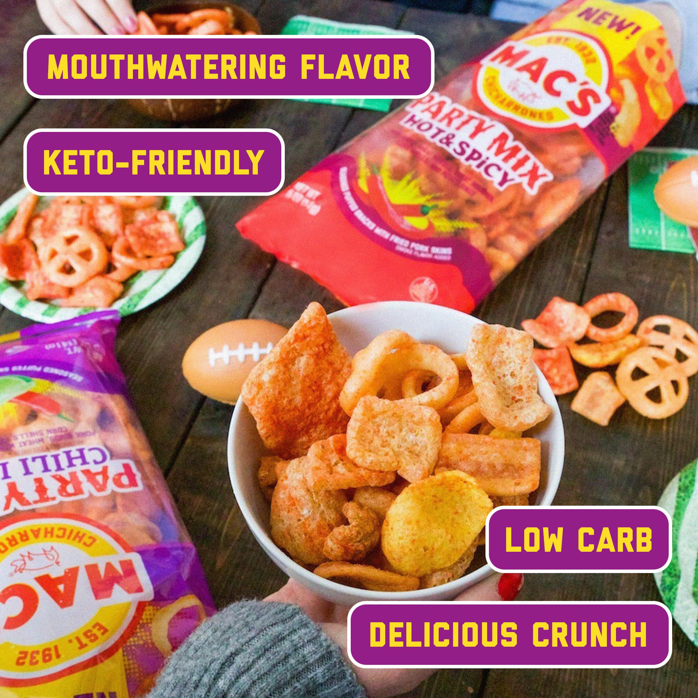 Crispy textures of Mac's Chili Lime Pork Skins Party Mix
