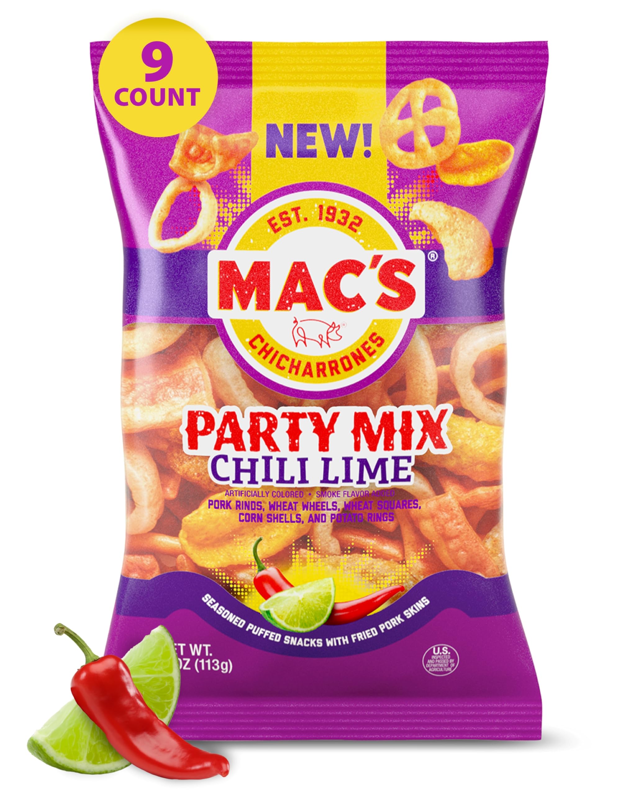 Mac's Chili Lime Pork Skins Party Mix front view with bold crunch