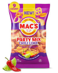 Mac's Chili Lime Pork Skins Party Mix front view with bold crunch