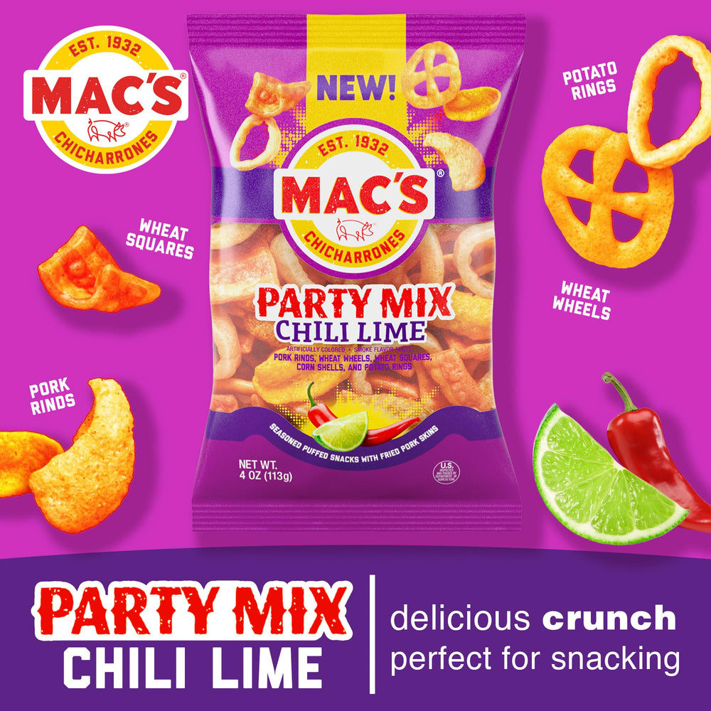 Variety of shapes in Mac's Chili Lime Pork Skins Party Mix