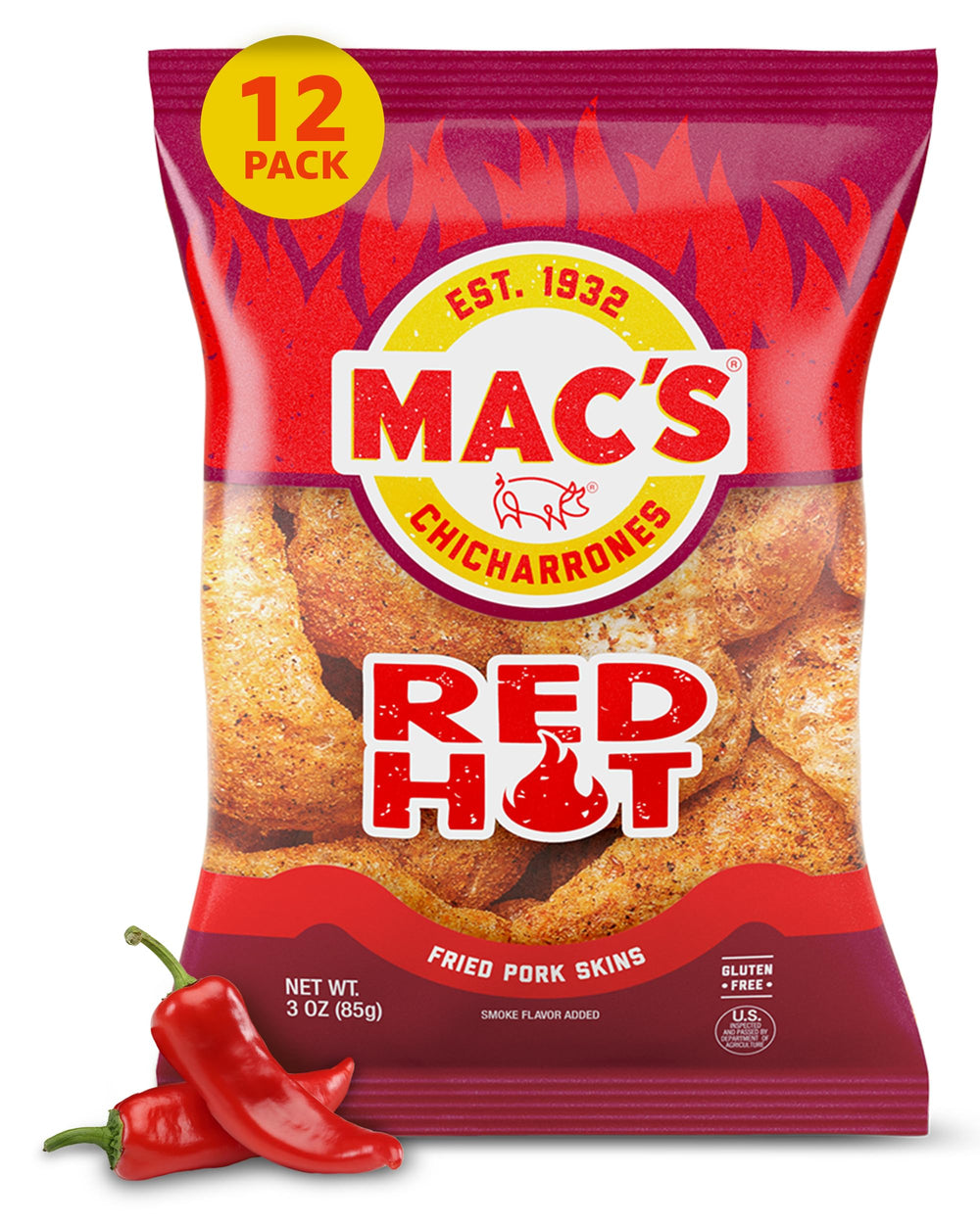 Mac's Hot Fried Pork Skins bag offers crisp texture for on-the-go snacking.