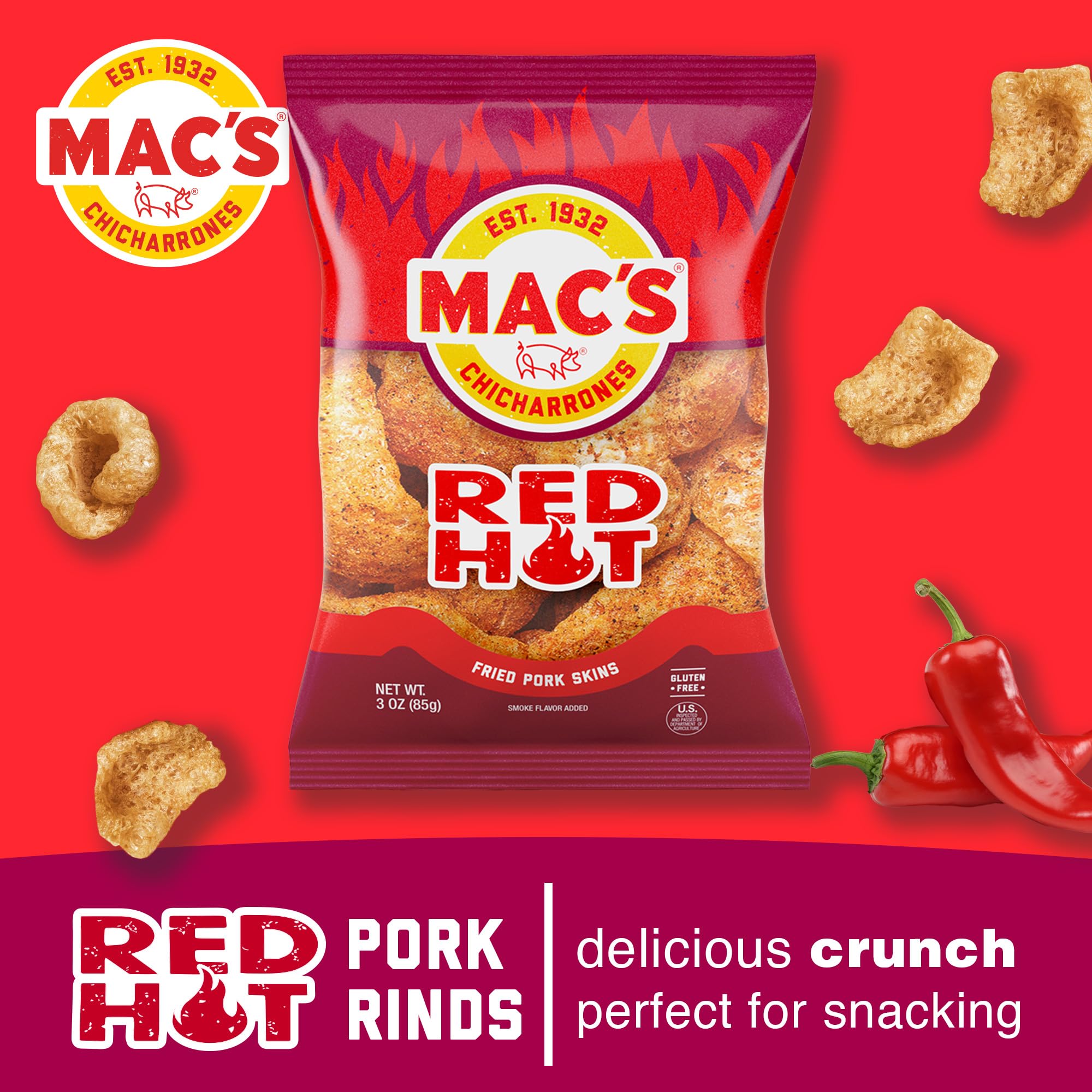 Mac's Hot Fried Pork Skins closeup highlights bold seasoning for flavor enthusiasts.