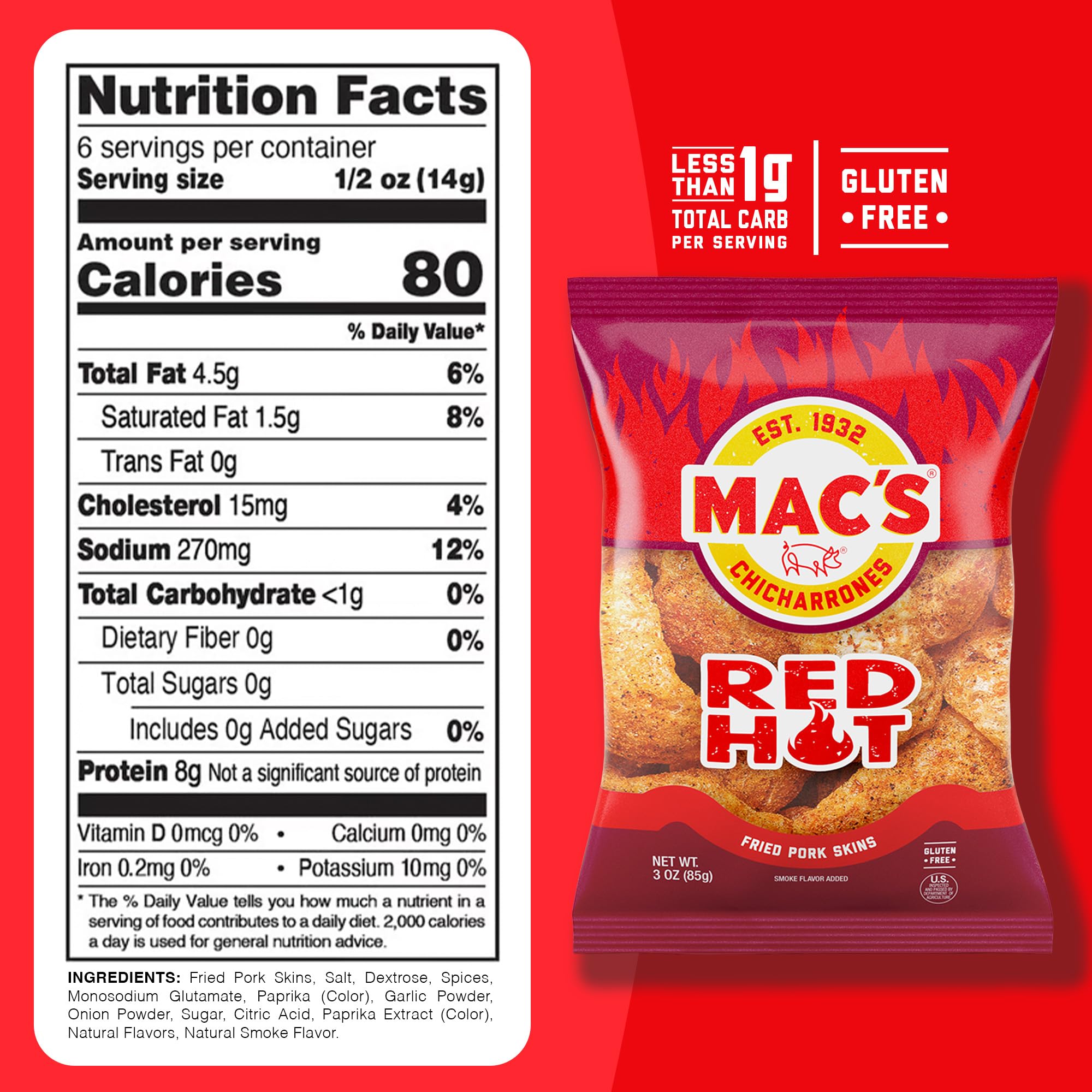 Mac's Pork Rinds serving idea image suggests keto-friendly snack.