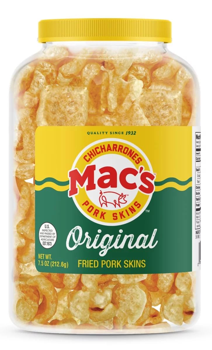 Mac's Pork Rinds Original canister shows crispy texture for keto-friendly snacking