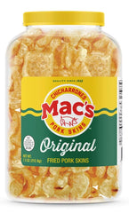 Mac's Pork Rinds Original canister shows crispy texture for keto-friendly snacking