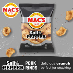 Close-up of Mac's pork rinds showing crisp texture and bold flavor.