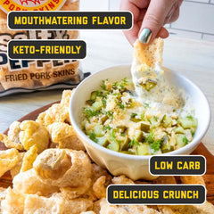 Mac's pork rinds paired with dip for a savory snacking moment.