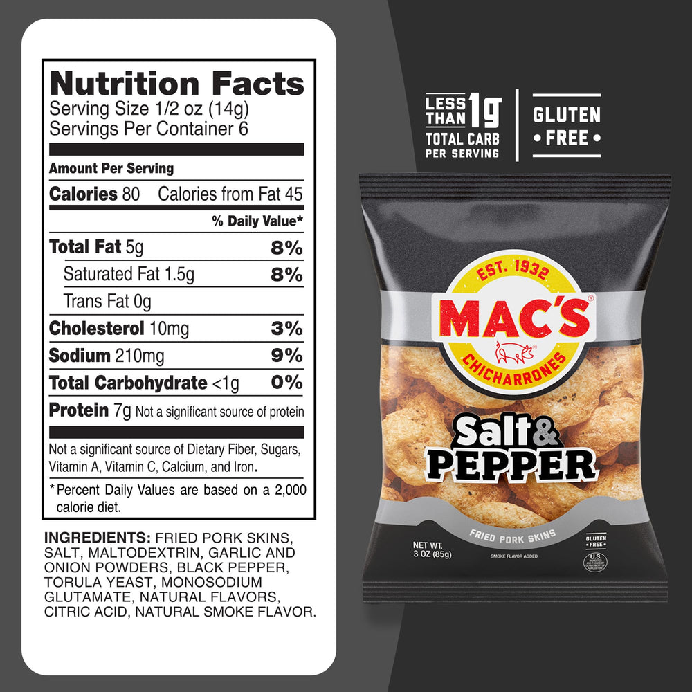 Mac's Salt & Pepper pork rinds ready for travel and lunch.