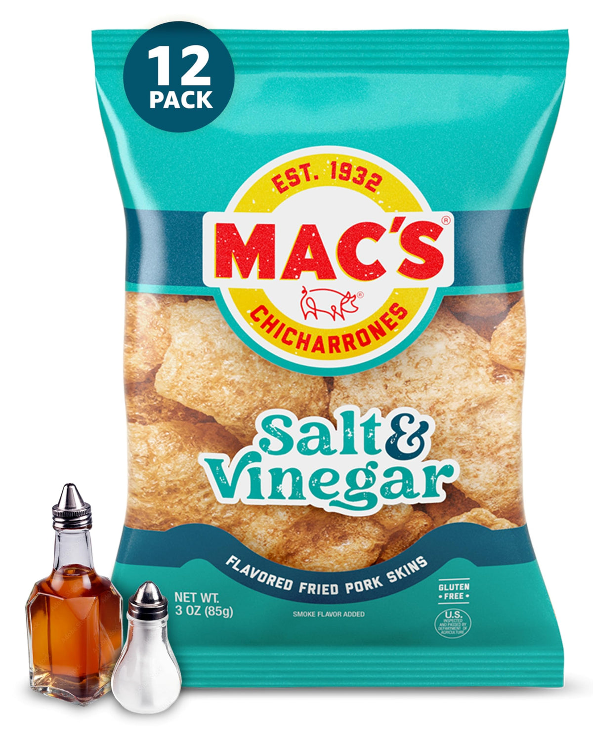 Mac's Salt and Vinegar pork skins in a 3oz bag with bold crunch.