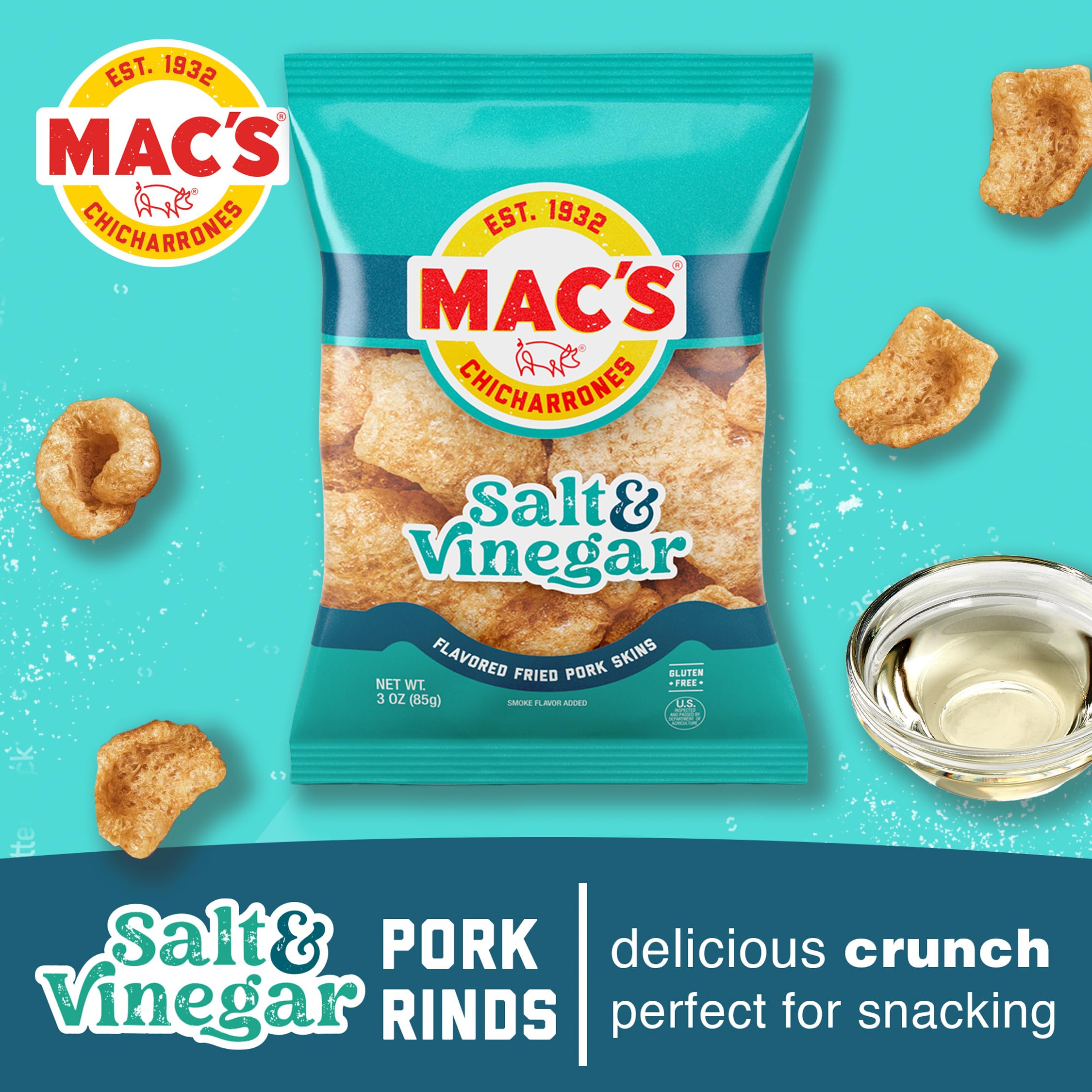 Close-up of Mac's pork rinds showing crispy salt and vinegar texture.